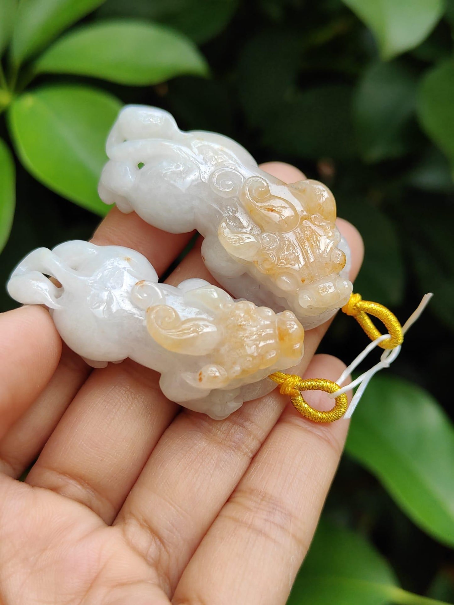 Sales - High Quality Pair of White, Yellow Natural Type A Jadeite Jade crafted as Pixiu for Pendant, certificate weighs 24.25 / 19.87 grams, measurements 50 * 21.3 * 14.1 / 47 * 20.6 * 13.6 mm (pendant292)