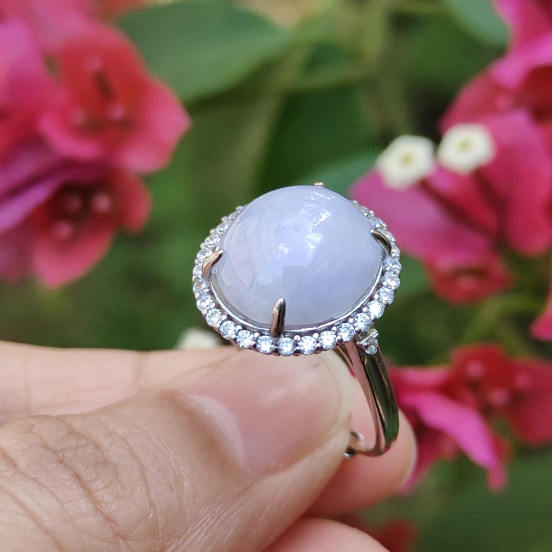 Lavender Cabochon set on S925 Silver adjustable ring Natural Type A Jadeite with QIC Labs approved certificate included weigh 3.99 grams, 13.8 * 12.3 * 5.7 mm suitable for all occasions (s925ring1)