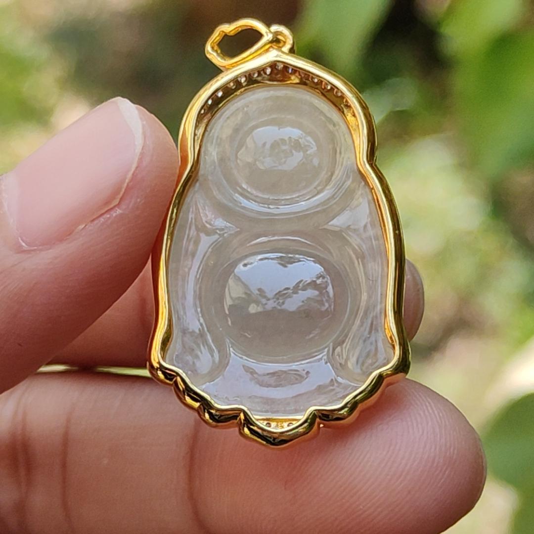 Premium Icy Translucent Natural Type A Jadeite Jade crafted as Standing Milo Buddha set on 18k gold with diamonds as Pendant, certificate included weigh 6.56 grams, measurement 37.5 * 19.7 * 9 mm (18kp27)