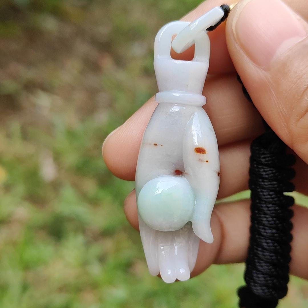 Light Green with Red patches Natural Type A Jadeite Jade crafted as Buddha Hand Pendant, QIC labs approved certificate weighs 15.32 grams, measurement 52.5 * 16 * 13.8 mm (pendant255)