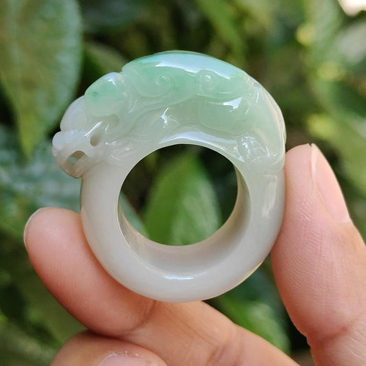 Rare Quality Light Green with White Natural Type A Jadeite Jade crafted with Pixiu and Ruyi as Ring, certificate weigh 31.97 grams, measurement 36.2 * 16 * 13, Finger size 19.5 mm (ring5)