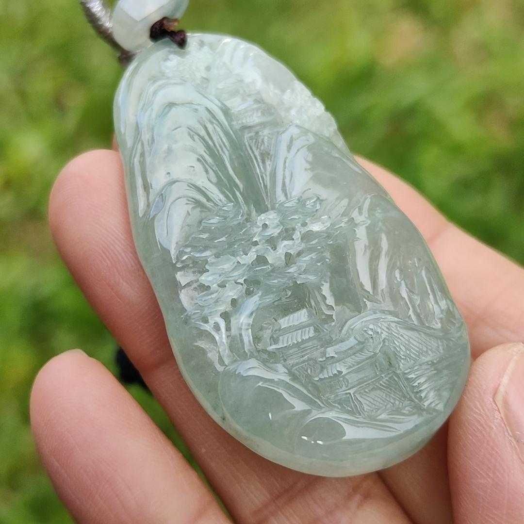 Premium Full Light Green with Good Translucency Natural Type A Jadeite Pendant Necklace crafted with Moutain, Trees, Houses, Bride and Running Water with certificate weigh 28.09 grams, 54 * 29.8 * 9.8 mm (pendant36)