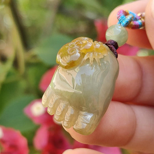 Nicely Crafted Yellow Premium Quality Leg with Ruyi and Spider Natural Type A Jadeite Pendant Symbolism Contentment, wealth and happiness, wealth and good fortune with certificate weigh 10.70 grams, 25.80 * 16.6 * 14.5 mm suitable daily wear (pendant73)