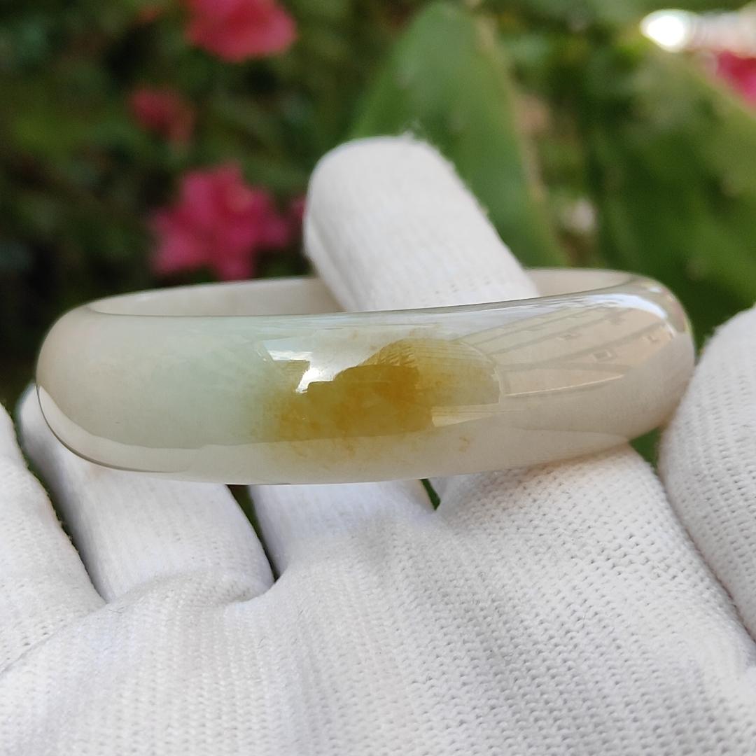 Very Rare Lemon-Yellow Patch Natural Type A Jadeite Jade crafted as Peace Bangle, certificate weighs 58.76 grams, measurement 15.3 * 7.1 * 56.4 mm (bangle9)