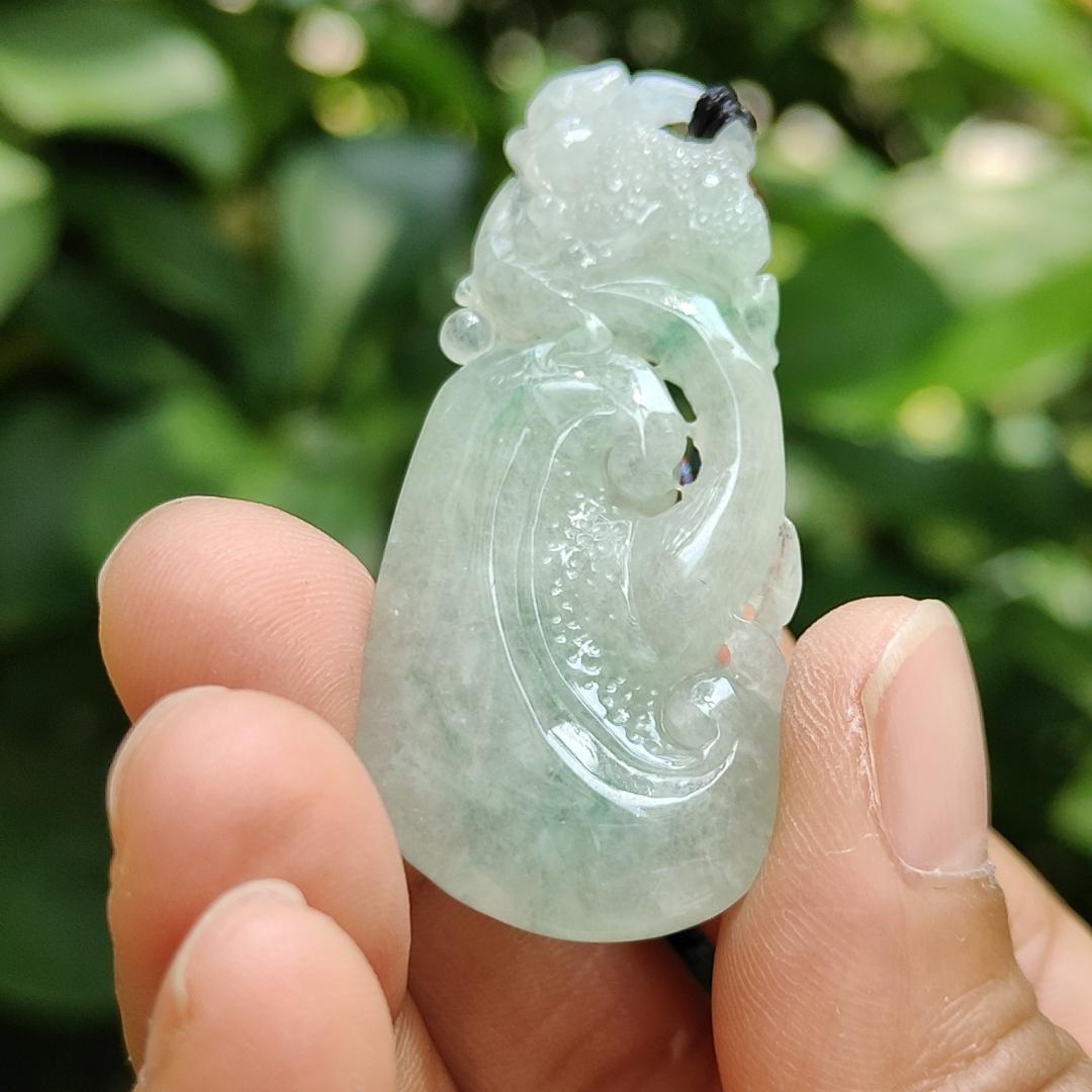 High Quality Light Green Hue Natural Type A Jadeite Jade crafted with shape of Ruyi and Three Legs Toad as Pendant, certificate weighs 13.02 grams, measurement 47.8 * 22.8 * 9 mm (pendant291)