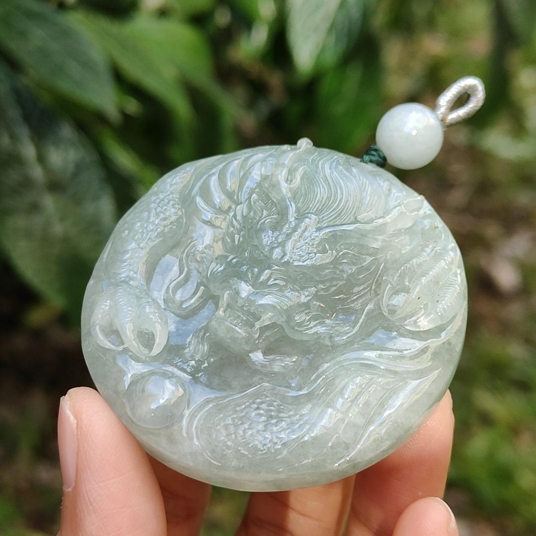 Premium Full Light Green Natural Type A Jadeite Jade Pendant Necklace crafted with Dragon with good glossy shines, certificate included weigh 77.81 grams, 55.5 * 55.5 * 13.8 mm (pendant169)