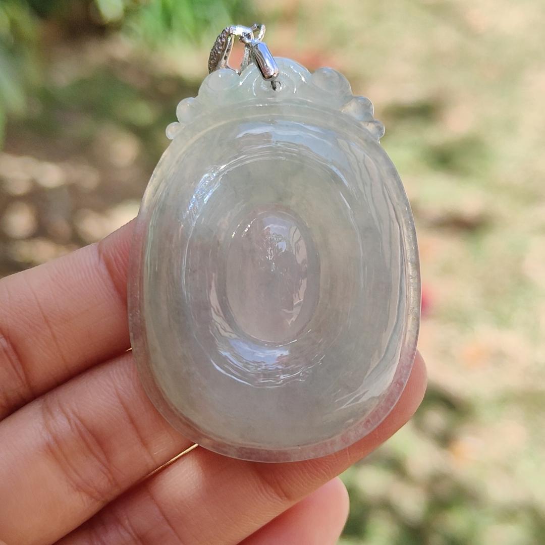 Good Quality Light Green Hue Icy Natural Type A Jadeite Jade crafted with Fobe as pendant, meaning Good luck, happiness, wealth and honor, certificate weigh 19.03 grams, measurement 50.2 * 36.3 * 6.2 mm (pendant234)