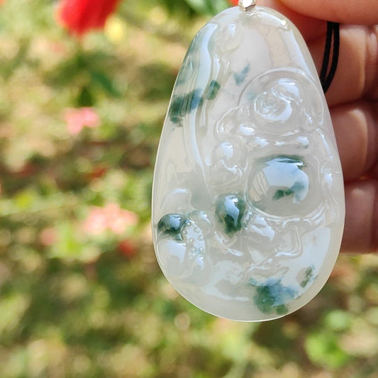 Special Sales - Rare Green Patches White with Yellow Hue Natural Type A Jadeite Jade crafter with Milo Buddha as Pendant, certificate weigh 17.2 grams, measurement 54.2 * 30.5 * 5.9 mm (pendant214)