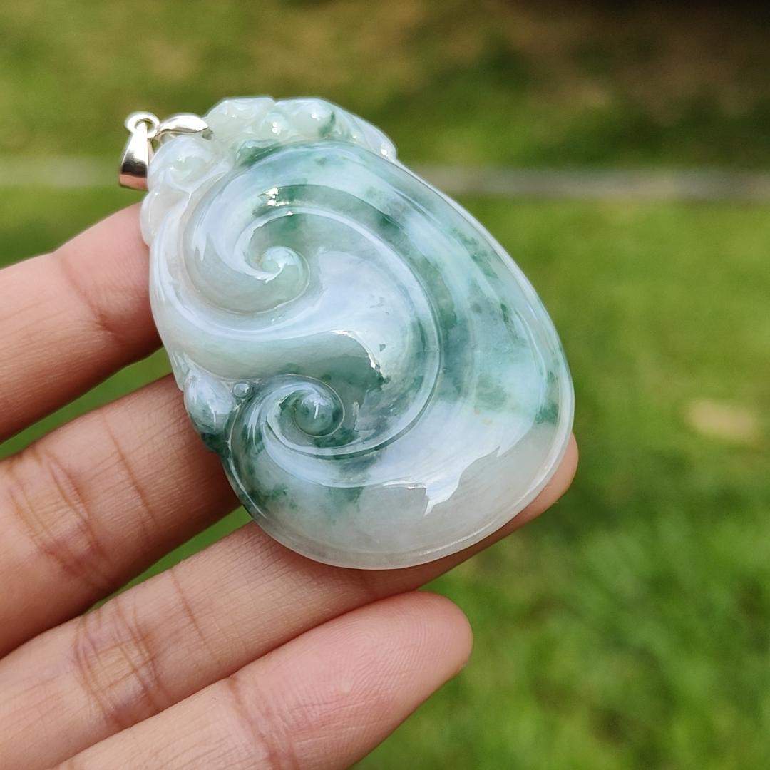 Special Offer, Green with Light Green Floating Flower (Piaohua) Natural Type A Jadeite Pendant Necklace crafted with Bat on Ruyi with certificate weigh 17.71 grams, 51.6 * 34.5 * 6 mm sysmbols of Happiness, auspiciousness (pendant103)