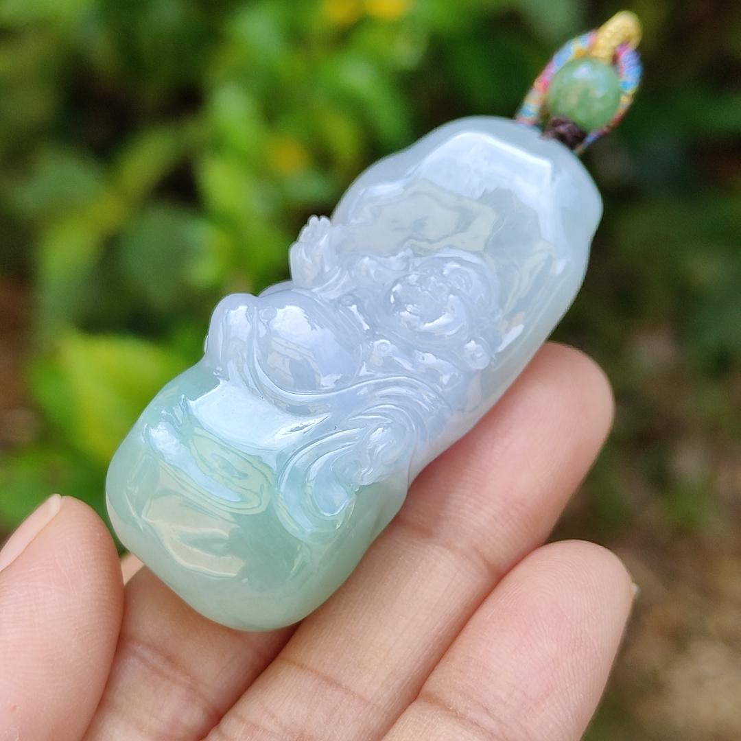 Lavender and Green Natural Type A Jadeite Pendant crafted with Milo Buddha represent Compassionate, tolerant, optimistic and open-minded with certificate weight 29.40 grams, 50.80 * 20.80 * 13.60 mm suitable for daily wear (pendant108)