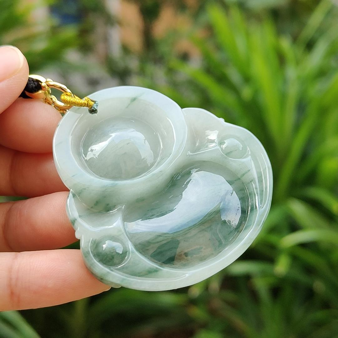 Rare, Hugh, Old Mine Translucent Floating bluish green patches Natural Type A Jadeite Pendant carved as Milo Buddha weight 232.82 grams, 52.83 * 51.18 * 12.18 mm, fine grain crystal aggregate suitable for daily wear with NGI Certificate (pendant143)