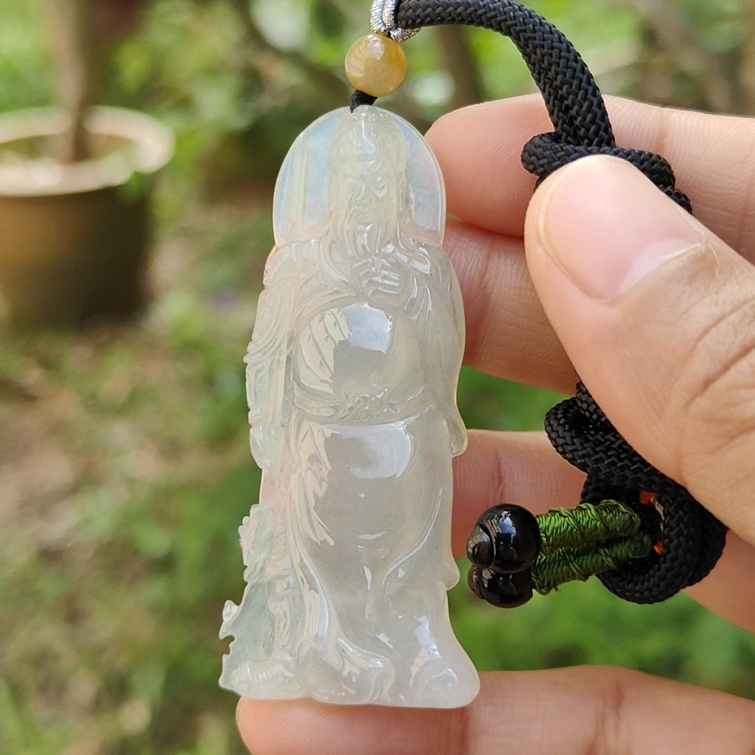 Premium Icy with good translucency Natural Type A Jadeite Pendant Necklace crafted as Guan Gong with certificate weigh 15.41 grams, 59.3 * 26 * 6.3 mm, (pendant31)