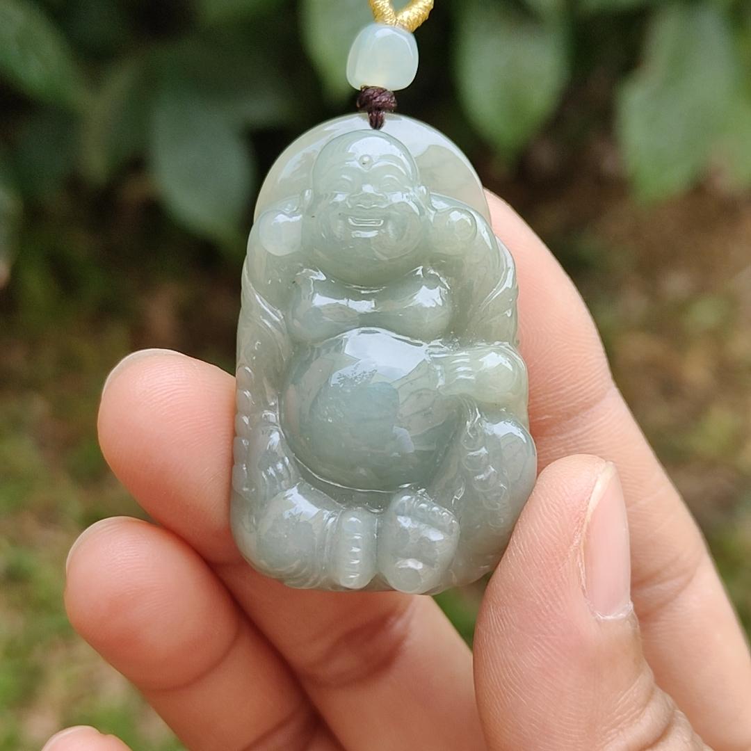 Light Green Natural Type A Jadeite Jade crafted with Milo Buddha as Pendant, certificate weighs 27.52grams, measurement 44.3 * 27.9 * 11.6 mm (pendant248)