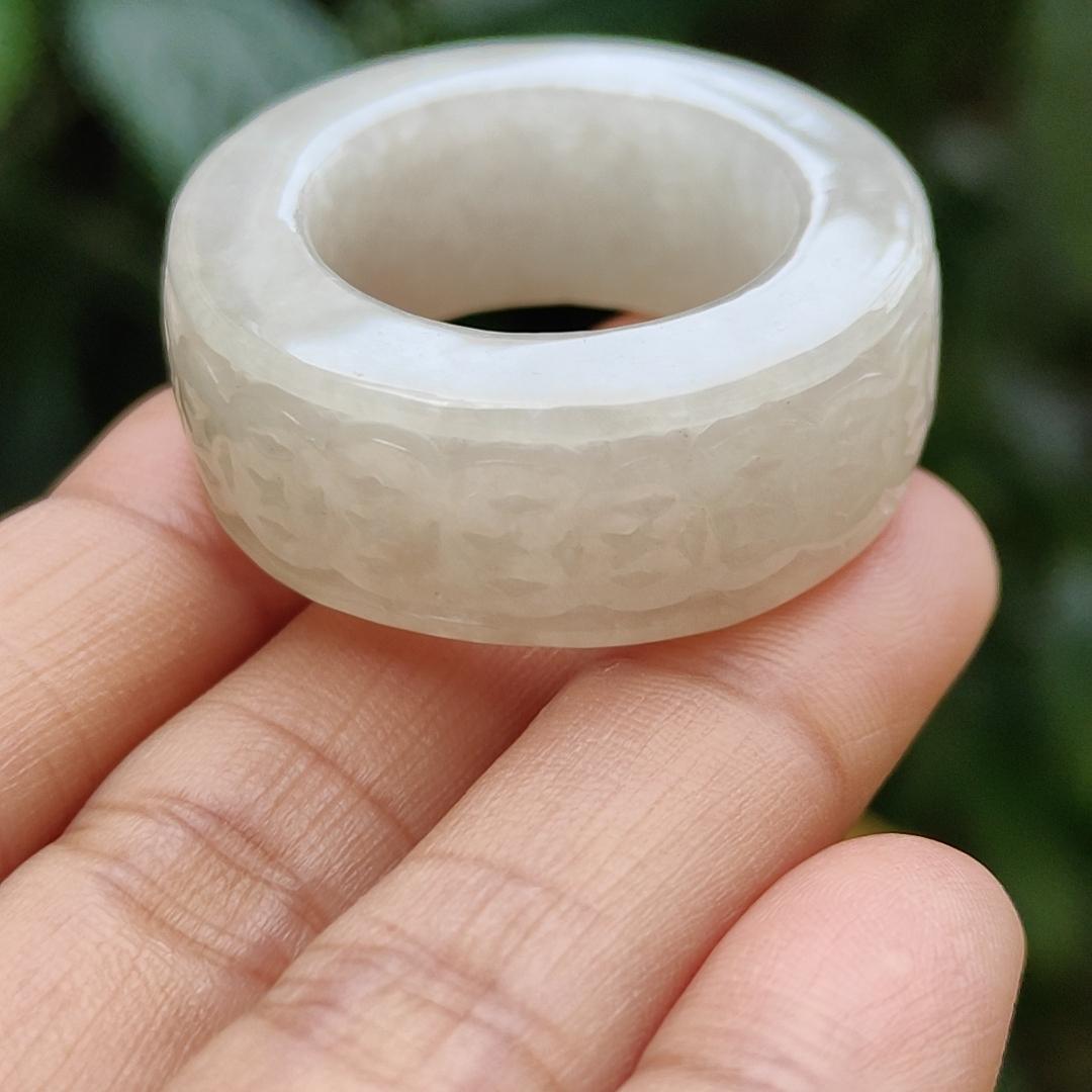 Quality White Natural Type A Jadeite Jade crafted with many coins as Ring with Finger size 21 mm, QIC approved labs certificate weigh 22.07 grams, measurement 12.5 * 6.7 mm (ring6)