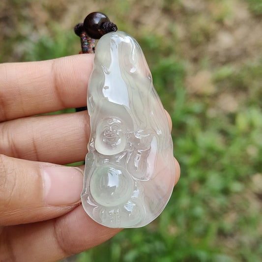 Highly Translucent Premium Icy Natural Type A Jadeite Pendant Necklace crafted as Milo Buddha with certificate, weigh 14.78 grams, 55 * 24.50 * 6.60 mm, symbols of Wealth, luck, prosperity, optimism, and hope, suitable for collections (pendant55)