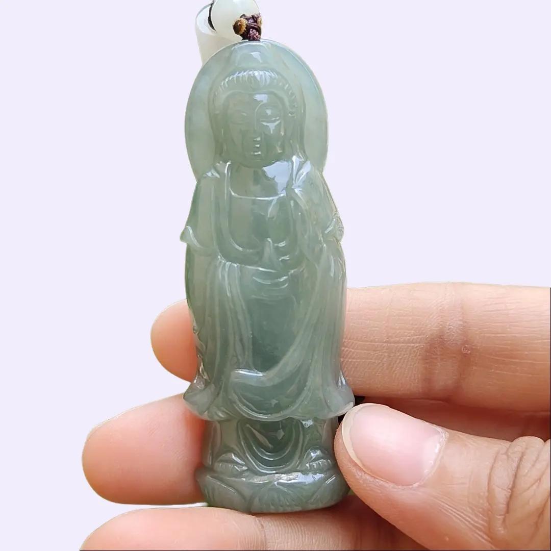 Good Quality Light Green Natural Type A Jadeite Jade crafted with standing Guanyin as Pendant, certificate weighs 31.45 grams, measurement 65.2 * 24.1 * 11 mm (pendant259)