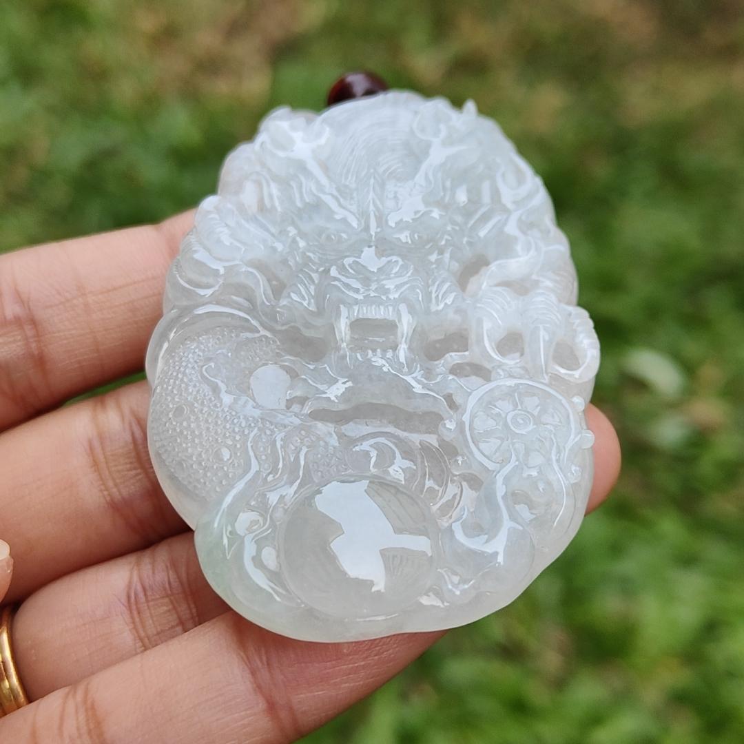 Semi Icy Premium Natural Type A Jadeite Jade crafted as Dragon with certificate weigh 49.63, measurement 64.8 * 42.5 * 10.5 mm (pendant190)