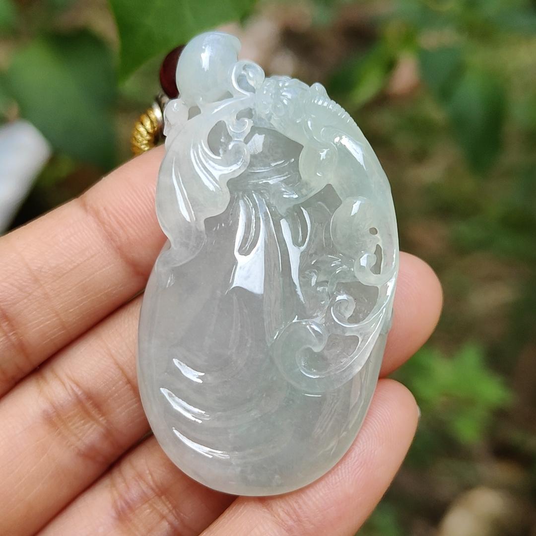 Limited Time Offer Semi Icy Premium Natural Type A Jadeite Jade crafted with pixiu as pendant, certificate weigh 30.20 grams, measurement 53.5 * 30.3 * 14.8 mm (pendant200)