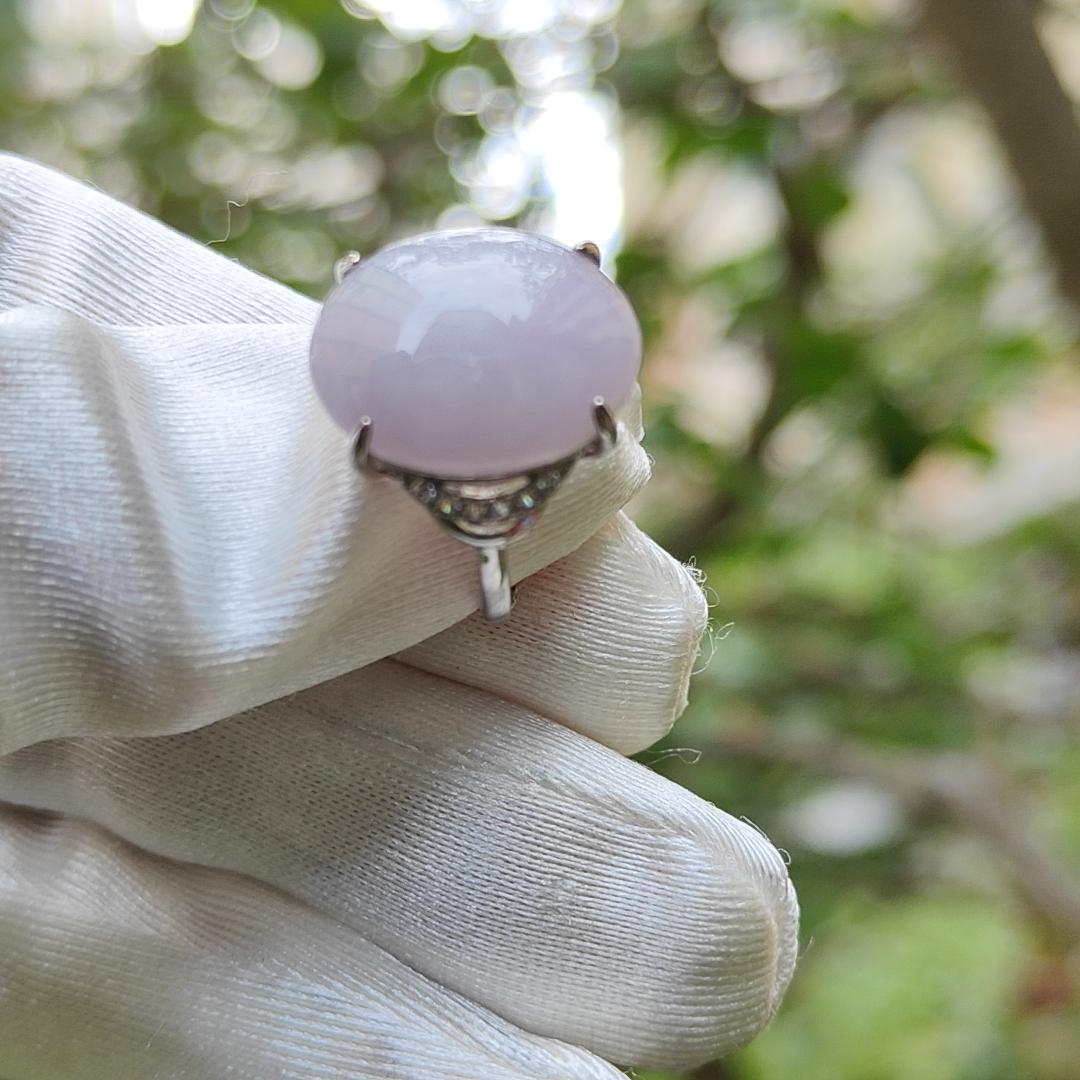 S925 Setting with Lavender Cabochon 15.6 * 12.3 * 5.2 mm Natural Type A Jadeite Jade Ring with certificate weigh 3.23 grams, finger size adjustable (s925ring4)