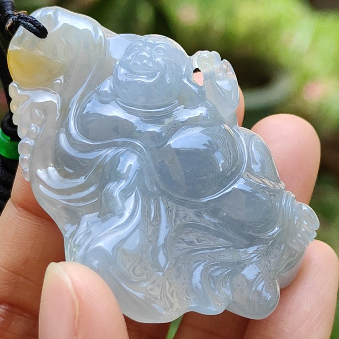 High Premium Light Lavender and Yellow Natural Type A Jadeite Jade crafted with Milo Buddha as Pendant, certificate weighs 49.13 grams, measurement 58.6 * 39.5 * 18.7 mm (pendant284)