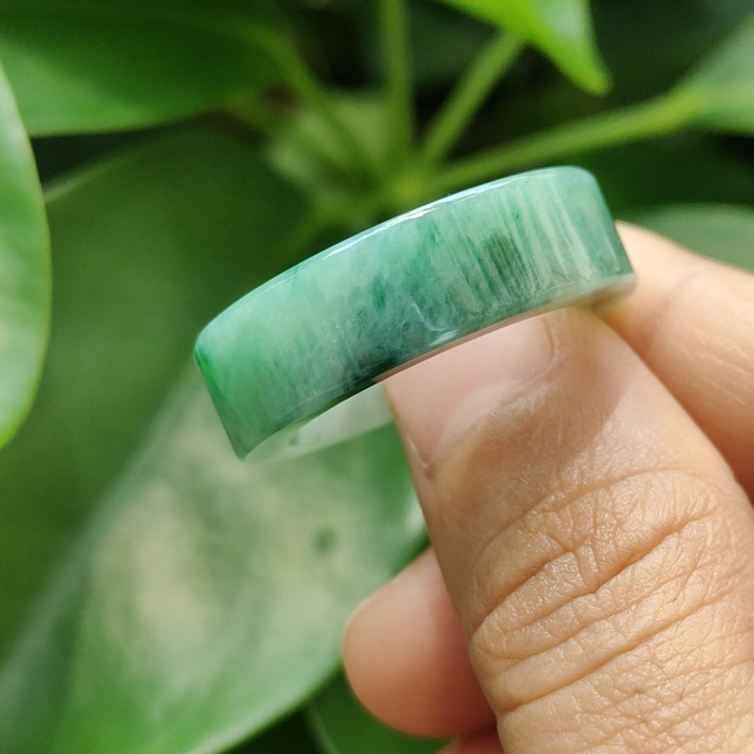 High Quality Green,Green Patches Natural Type A Jadeite Jade crafted as Ring, finger size 19.1mm, QIC approved labs certificate weighs 7.68 grams, measurement 7.7 * 4.4 mm (ring8)