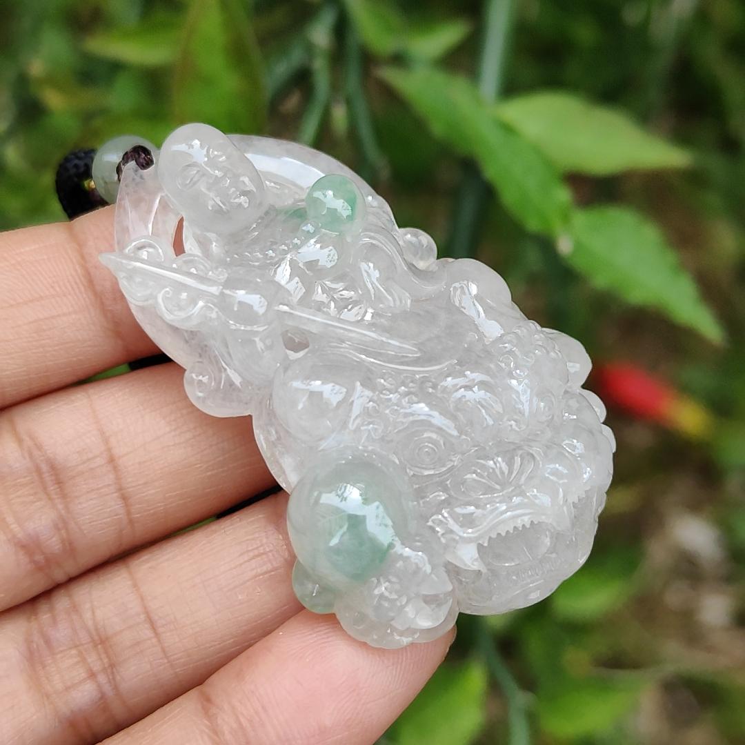 Icy Variety with Glossy Good crafted as Translucency Ksitigarbha Bodhisattva Pendant Necklace with green patches, a Natural Type A Jadeite with certificate included weigh 31.44 grams, 53.3 * 33.2 * 12.3 mm, good for collection or daily wear