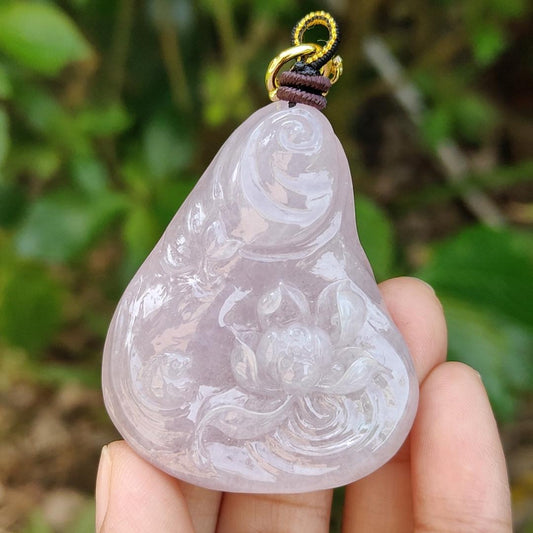 Very Rare Pinkish Lavender Natural Type A Pendant carved with lotus flower and fish with NGI Gemstone report weight 204.27 grams, 51.50 * 42.43 * 12.85 mm , Full Lavender Translucent fine grain crystal aggregate very rare pendant (pendant130)