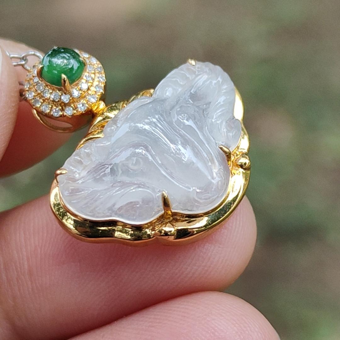 High Quality Icy Translucent Natural Type A Jadeite Jade crafted as Goat set with 18k Gold as Pendant, certificate weighs 2.99 grams, measurement 23 * 20.5 * 7.6 mm (18kp56)