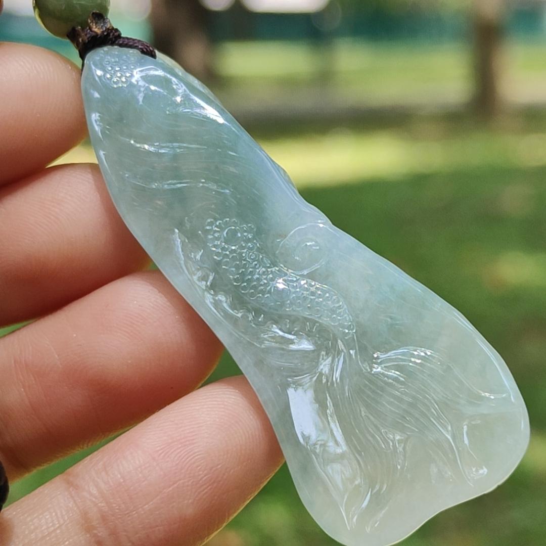 High Quality Beautifully crafted as Dragon with Semi Icy Translucent Natural Type A Jadeite Jade as Pendant, certificate weighs 22.18 grams, measurement 54.6 * 21.5 * 15.7 mm (pendant270)