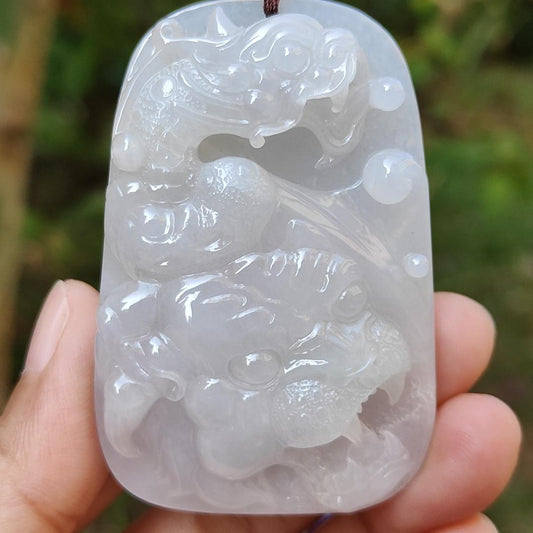 Rare Old Collection White Natural Type A Jadeite Jade crafted with Dragon and Tiger as Pendant, Certificate weigh 44.48 grams, Measurement 60.5 * 40.2 * 9.5 mm (pendant218)