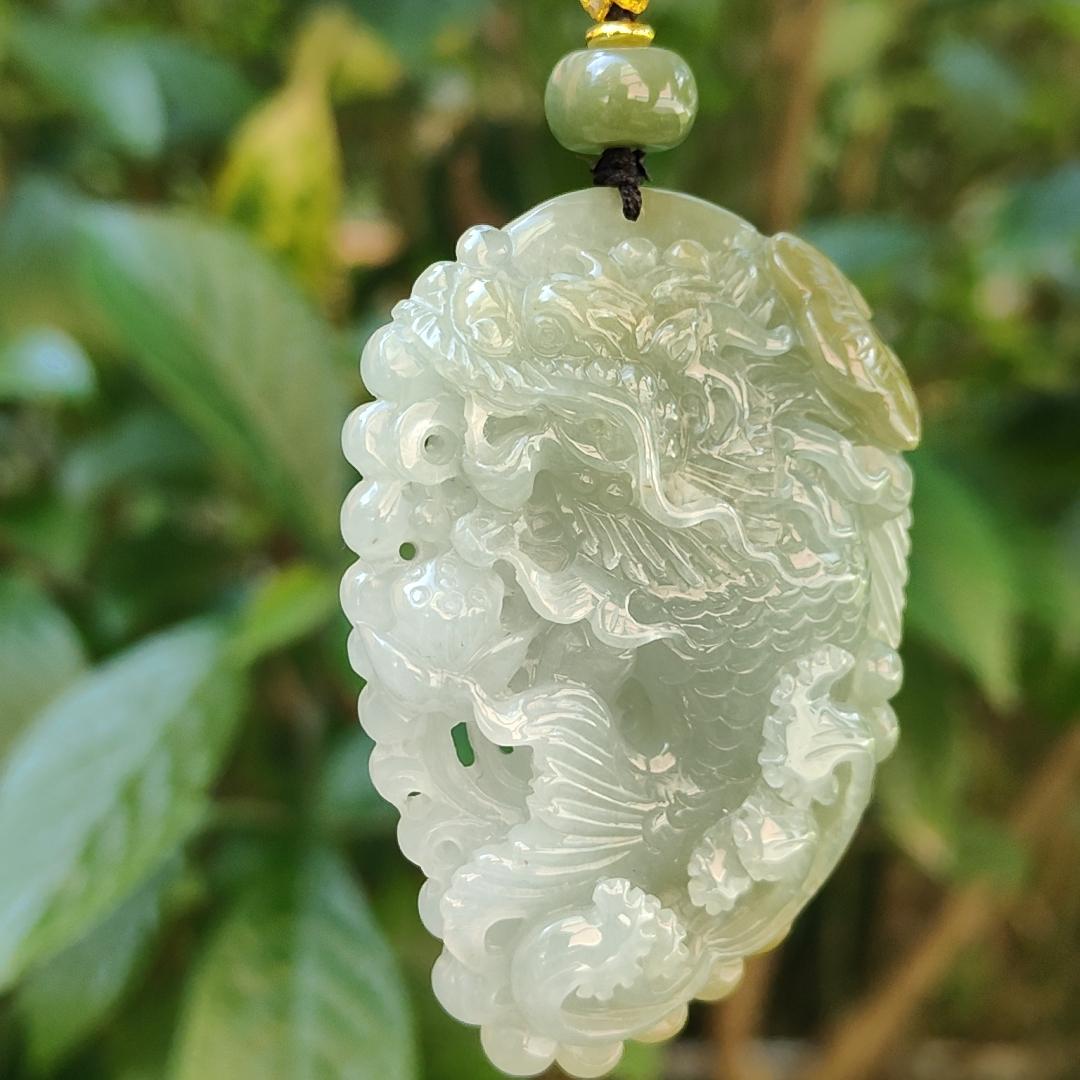 Tea Green Yellow Natural Type A Jadeite Pendant Carved as Dragon Head Fish Body meaning Prosperity, wealth and happiness with certificate weighs 49.67 grams, 62.60 * 43.50 * 12.10 mm (pendant93)