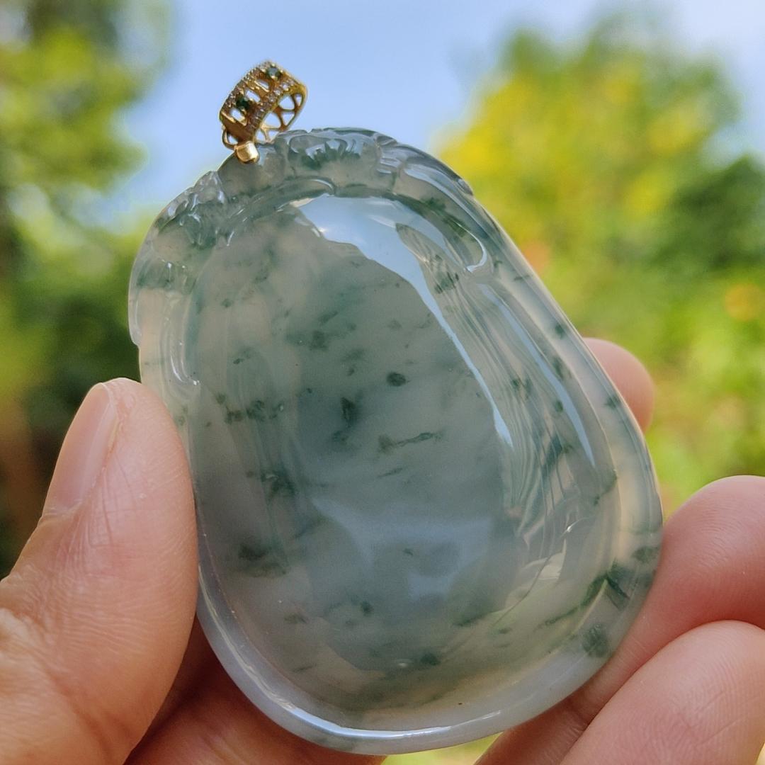 Double Dragon Floating Green Flower clouds 18k gold Natural Type A Jadeite pendant  with NGI Gemstone report carved as wu shi pai weight 34.82 grams , 53.06 * 38.86 * 9.37 mm , Translucent Very Fine Grain with patches of bluish green (18kp3)