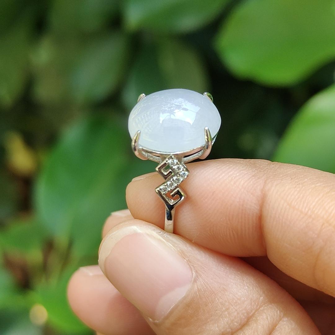 High Quality Semi Icy Cabochon with good Translucency Natural Type A Jadeite Jade set with S925 as adjustable Ring, certificate weighs 2.75 grams, measurement 12.9 * 11 * 4.8 (s925ring15)