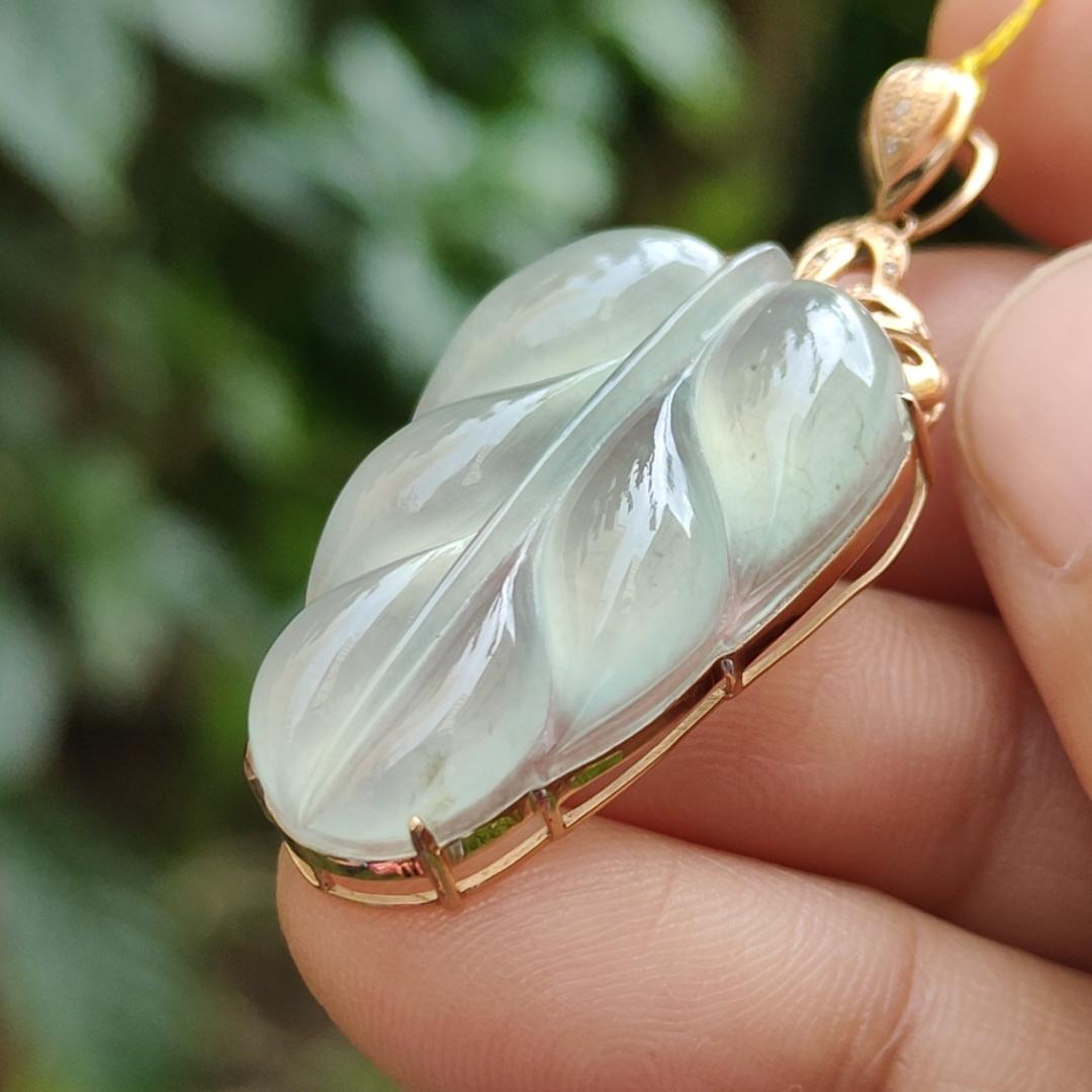 Premium Quality Icy Translucent Light Green Hue Natural Type A Jadeite Jade crafted as Leaf set on 18k Gold as Pendant, certificate weighs 5.07 grams, measurement 40.5 * 18 * 7.5 mm (18kp42)