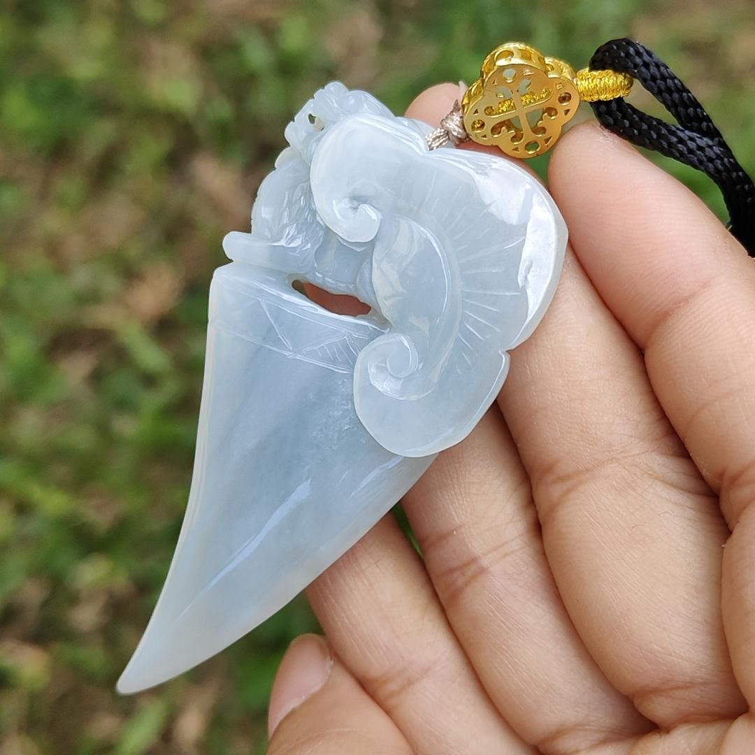 Bluish Light Lavender Natural Type A Jadeite Pendant crafted as Dragon Teeth with Pixiu and Ruyi, the symbols of Wealth and good luck, certificate weighs 27.63 grams, 67.3 * 33.2 * 7.8 mm, very suitable for daily wear (pendant58)