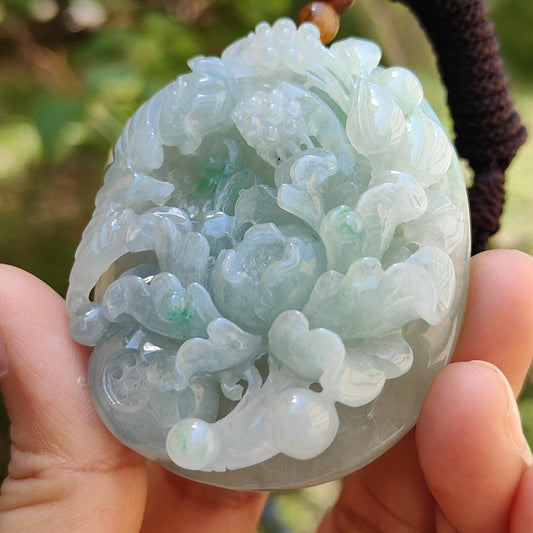 Green with Bluish Green Hue Natural Type A Jadeite Pendant Necklace crafted with Bird and flowers, symbols of Auspiciousness, blessing, Nature and vitality, certificate included weigh 69.39 grams, 55.2 * 45.8 * 15.8 mm, suitable for collection (pendant49)