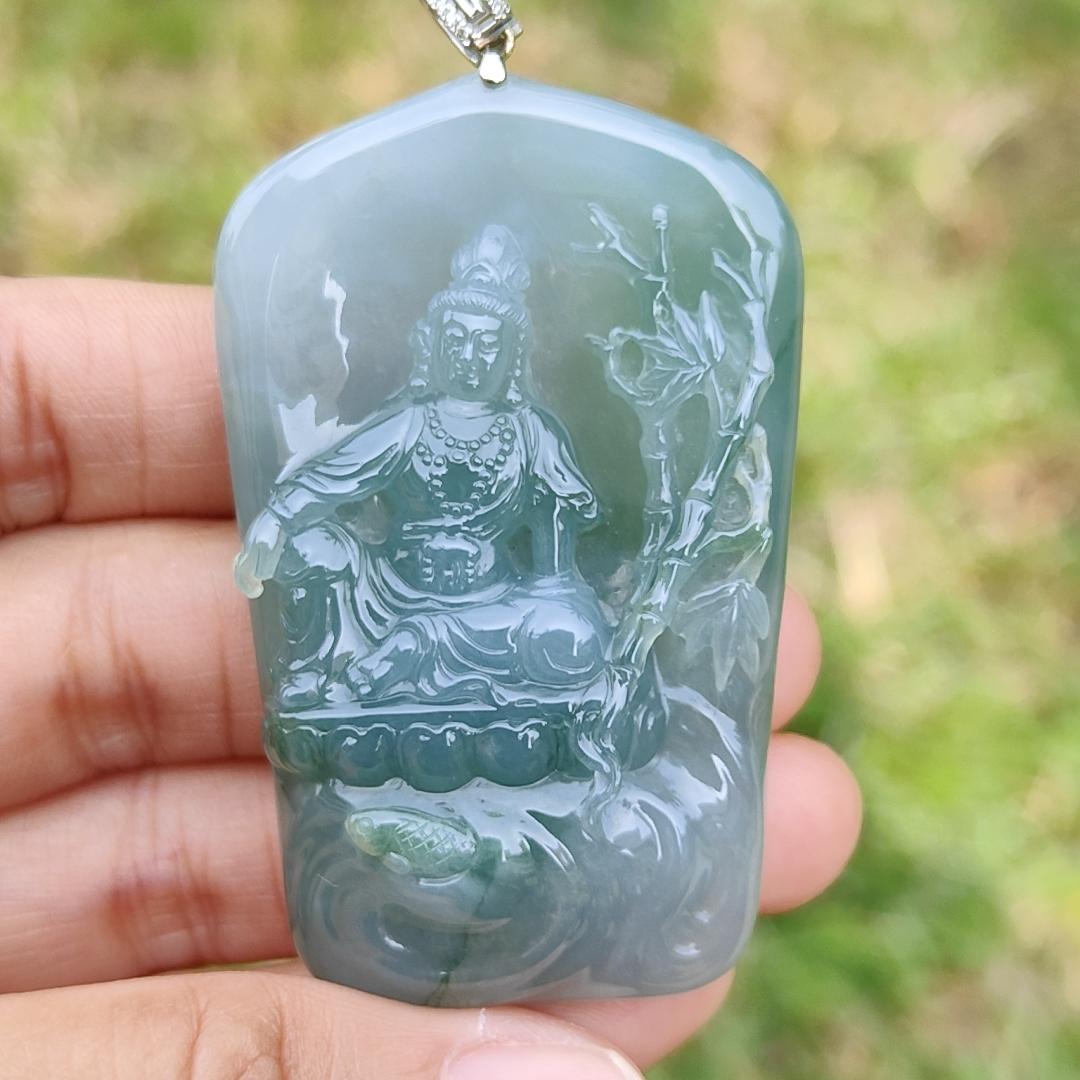 Premium Quality Semi Icy Light Green Natural Type A Jadeite Jade crafted with Guanyin as pendant, certificate included weigh 45.05 grams, measurement 56 * 35.6 * 11.8 mm (18kp24)