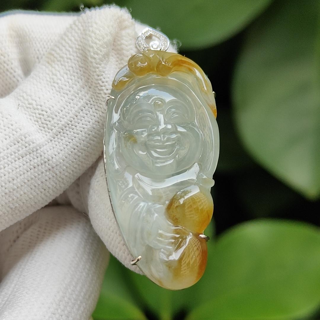 High Quality Icy Yellow Translucent Natural Type A Jadeite Jade crafted as Milo Buddha set with 18k Gold as Pendant, certificate weighs 9.1 grams, measurements 46.1 * 18.7 * 9.5 mm (18kp60)