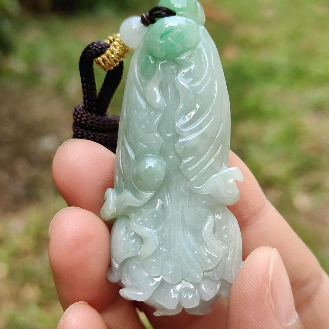 Good Quality Light Green Natural Type A Jadeite Jade crafted as Cabbage symbols of Lucks with Money as Pendant, certificate weighs 36.65 grams, measurement 62.5 * 28.6 * 13.1 mm (pendant267)