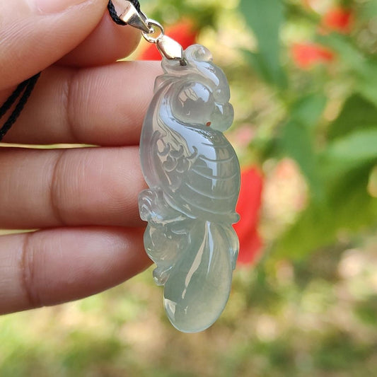 Premium Old Pit Rare Green Hue Icy Translucent Natural Type A Jadeite Jade crafted with Parrot as Pendant for the collectors, certificate weigh 6.25 grams, measurement 41.6 * 15.2 * 6.5 mm (pendant213)