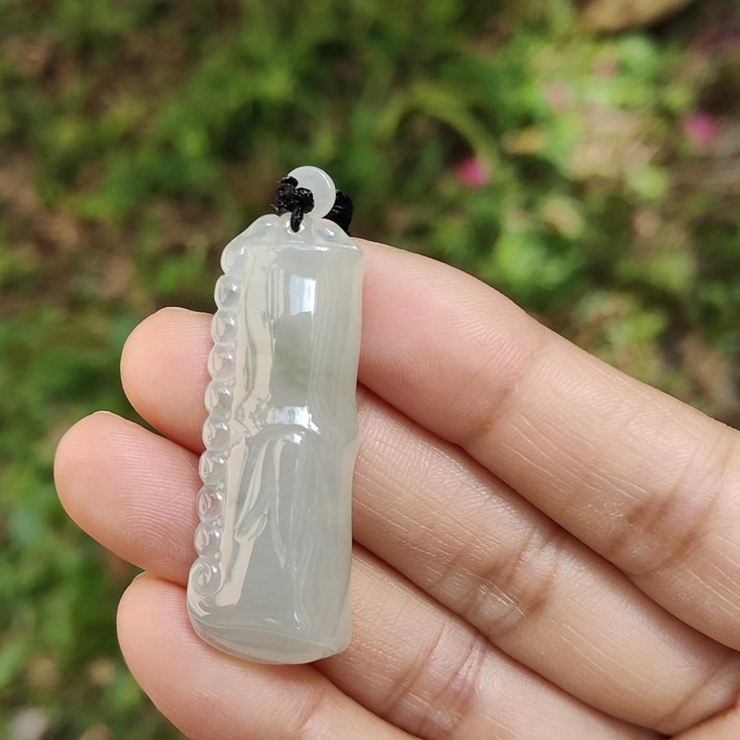 Special Offer Price Semi Icy Bamboo Natural Type A Jadeite Pendant Necklace with QIC approved labs certificate weigh 13.67 grams, 44.3 * 16 * 8.7 mm, symbols of Rising higher and everlasting, suitable for daily wear (pendant53)