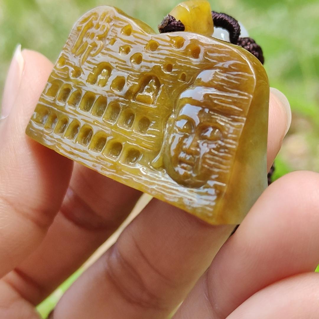 Special Price - Unique Rare Crafted with Mogao Caves on Brown Natural Type A Jadeite Jade as Pendant, certificate weighs 23.9 grams, measurement 23.1 * 41.5 * 13 mm (pendant287)