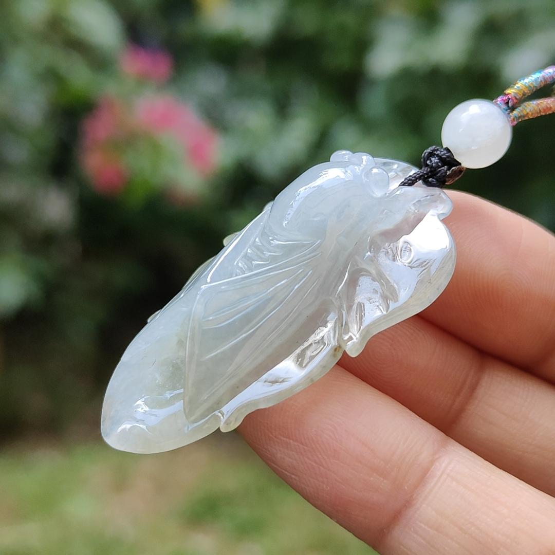 Crafted as cicada using Natural Type A Jadeite Jade as a Pendant Necklace with certificate weigh 9.25 grams, measurement 40.3 * 23.2 * 9.5 mm (pendant185)