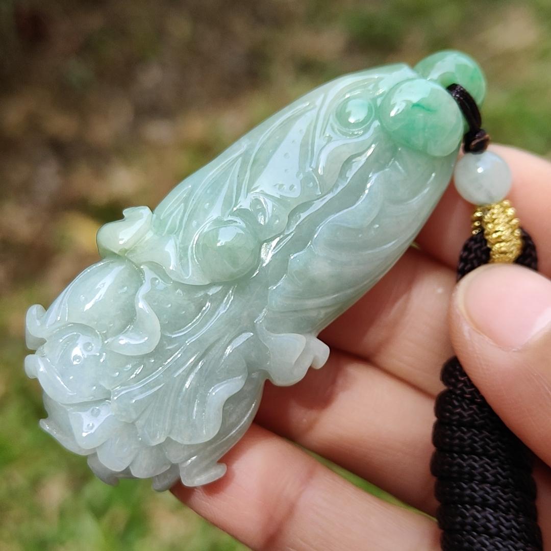 Good Quality Light Green Natural Type A Jadeite Jade crafted as Cabbage symbols of Lucks with Money as Pendant, certificate weighs 36.65 grams, measurement 62.5 * 28.6 * 13.1 mm (pendant267)