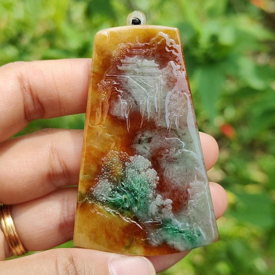 Very Rare Green, Red and Yellow Natural Type A Jadeite Jade Pendant Necklace with Sceneries, certificate included weigh 29.84 grams, measurement 61.6 * 39.7 * 5.8 mm (pendant183)