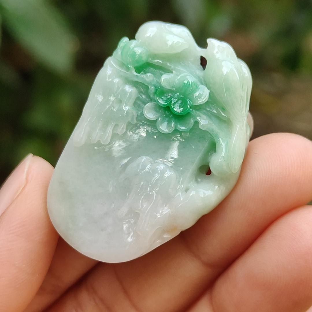 Beautifully crafted with birds and flower light green Natural Type A Jadeite Jade as Pendant, certificate weighs 18.63 grams, measurement 38.3 * 25.9 * 9.6 (pendant247)