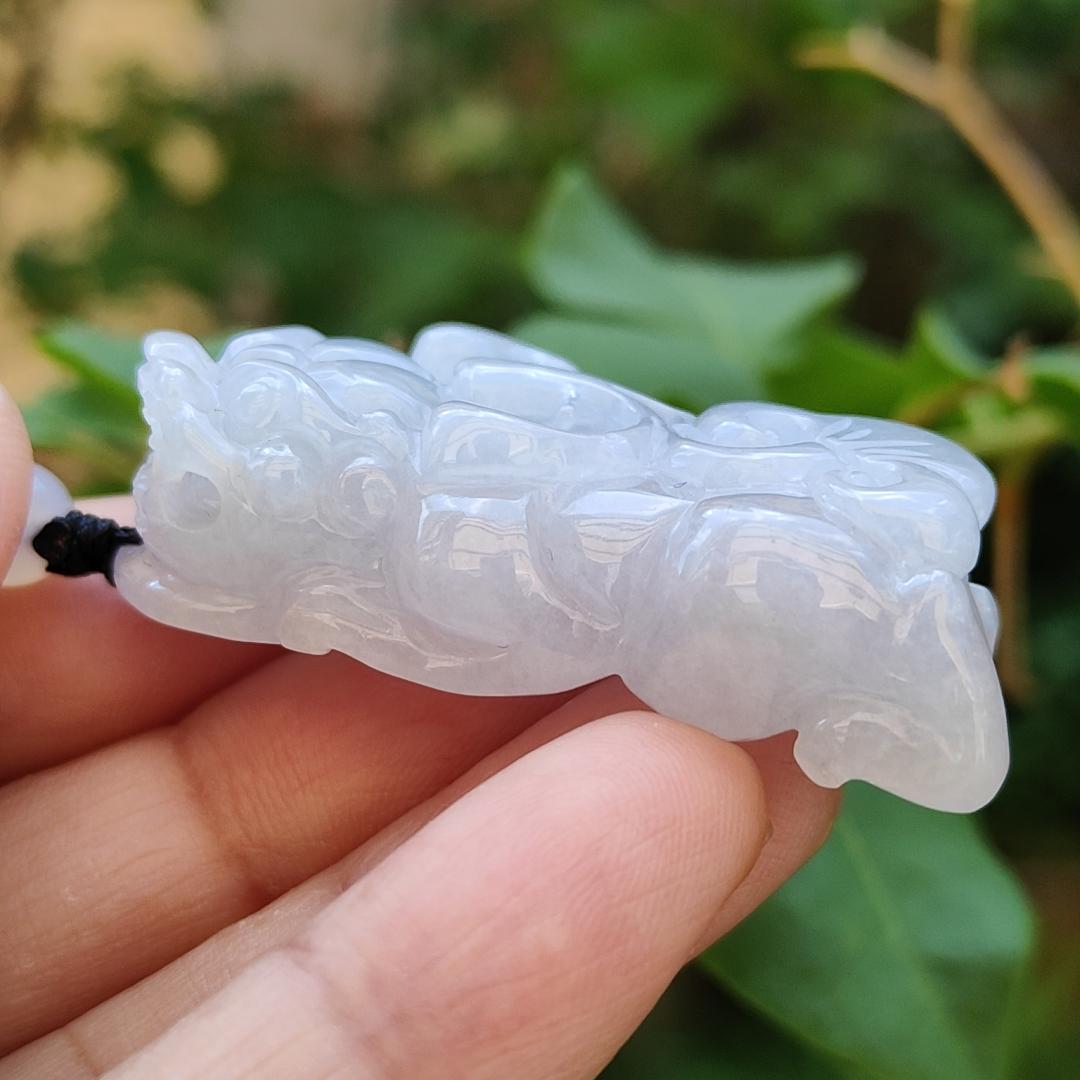 Light Lavender Natural Type A Jadeite Pendant carved as Pixiu with ruyi symbols of Joy and good luck, certificate included weigh 26.95 grams, 45.8 * 23.8 * 12.8 mm, suitable for daily wear boosting your luck (pendant75)