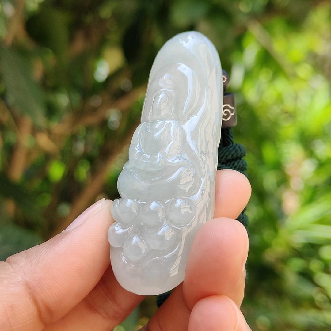 High Quality Light Green Hue Natural Type A Jadeite Jade crafted with Faceless Guanyin as Pendant, Certificate weighs 33.26 grams, measurement 63.8 * 23.6 * 12.2 mm (pendant237)