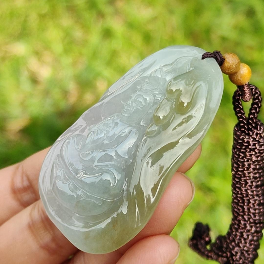 Light Green and Yellow Natural Type A Jadeite Jade Pendant Necklace crafted with Guanyin, certificate included weigh 34.84 grams, Measurement 52 * 35.9 * 11.1 mm (pendant176)