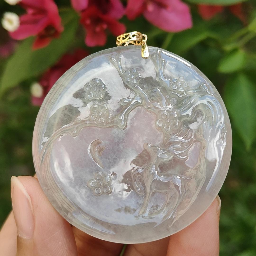 High Premium Icy Variety Quality Natural Type A Jadeite Jade Pendant Necklace crafted as Deer meaning all the way with you with certificate weigh 21.24 grams, measurement 46.9 * 47 * 4.8 mm (18kp10)